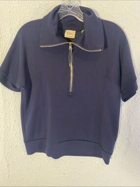 Elie Tahari Navy Top with Gold Zip Detail